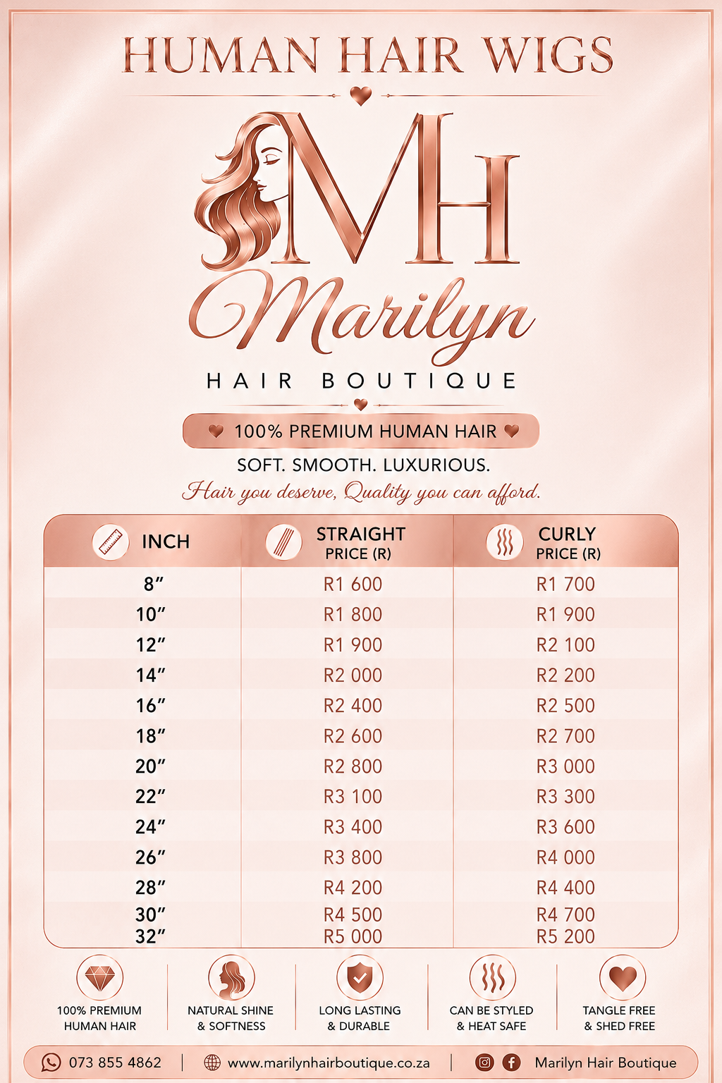 Pricelist for Single Drawn Hair - Straight & Curly